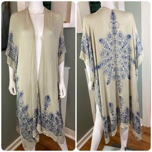 New nwt Lovestitch Beige Blue Mandala Kimono Midi One Size OS Draped jacket robe